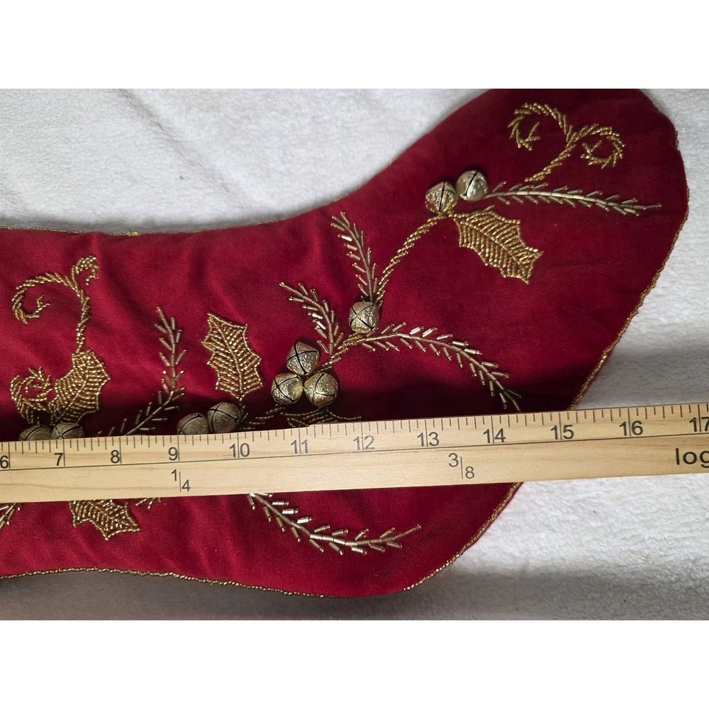 Vintage Velvet Christmas Stocking Set Of 3 Gold Holly Beaded And Bells - Picture 4 of 7